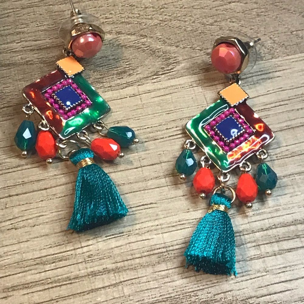 Colorful Diamond  Geometric Bead Tassel Dangle Earrings